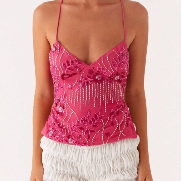 Hot Pink Party Women's Sequin Sparkly Floral Spaghetti Strap Cami Tank Top - Picture 5 of 6